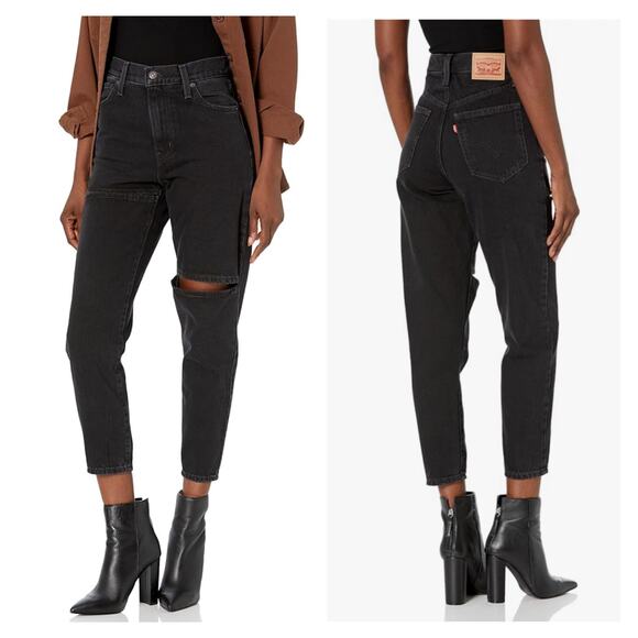 LEVIS Sliced High Waisted Mom Jean Womens 29 X 27 Black Tapered Rigid Denim NEW - Picture 1 of 16